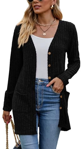 Famulily - Cardigan à manches longues ouvert sur le devant pour femme, boutonné, col en V, léger, avec poches, en polyester solide, tailles S-XXL, Beige/Noir/Bleu/Vert kaki/Rouge/Bordeaux, Noir , L