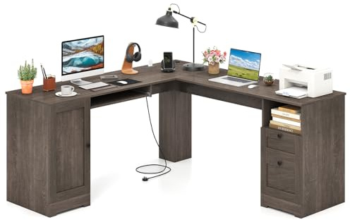 COSTWAY Scrivania ad Angolo a Forma di L, Scrivania per Studio in Legno con 2 Cassetti, Tavolo per computer per Ufficio Studio, 168 x 168 x 76 cm (Grigio)