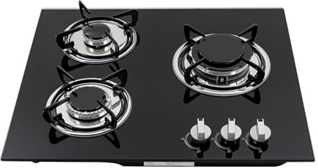 HinLIaDa 23.2 Built-in Gas Cooktop, 3 Burner Stovetop With Thermocouple Protection, Portable Countertop Cooker for RV Camper Caravan Outdoor Apartments (Black Tempered Glass)