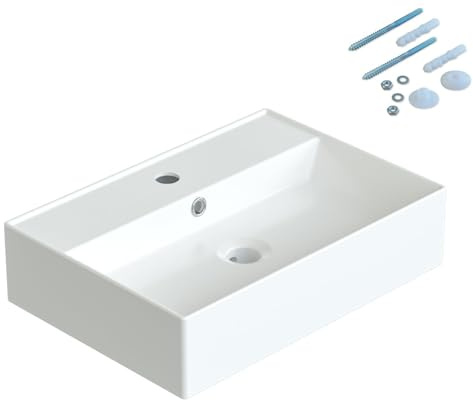 Aufsatzbecken Aufsatzwaschbecken 50x35x12,5 cm mit Überlauf und Hahnloch | klein Gäste wc Eckwaschbecken weiß Handwaschbecken aus Keramik ultradünner Rand Wandmontage viele Montagemöglichkeiten