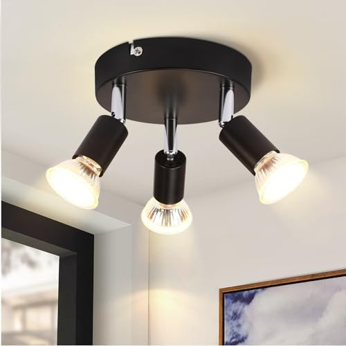 Glitzerlife Deckenlampe 3 Flammig Deckenstrahler Schwarz Deckenlampe Rund | GU10 Deckenleuchte Metall Schwenkbar Deckenspots Industrial für Küche Flur Schlafzimmer Esszimmer Galerie ohne Leuchtmittel