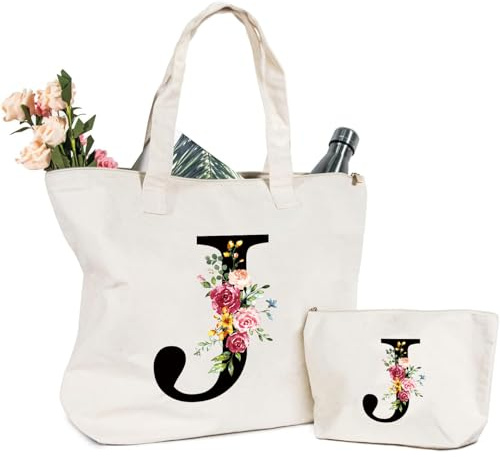 Sac Fourre-Tout en Toile avec Initiale Fleur, Sac Tote bag en Toile Trousse de Maquillage Personnalisés Idéal pour Mariage Anniversaire Plage Vacances, Cadeau Parfait pour Femmes Amis Maman Sœurs (J)