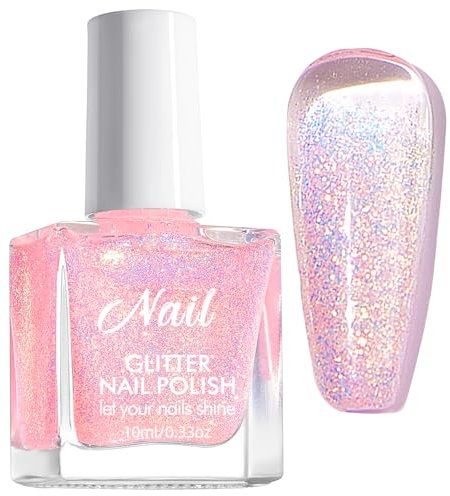Glitter Nail Polish - Translucent Sparkly Nail Polish - Reflective Pink nail Varnish - 60 Second Quick Dry Nail polish - No Bake No Chip Breathable nail Polish Long Last for Women
