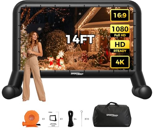 SPORTSWIN 14 FT Inflatable Outdoor Movie Screen, Blow Up Projector Screen Outdoor with Air Blower, Movie Screens for Backyard with One Piece Design, Front & Rear Projection, Easy Set Up
