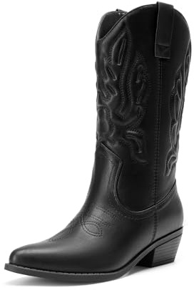 DREAM PAIRS Cowgirl-stövlar för kvinnor i mitten av vaden cowgirlstövlar broderi sydda västerländska stövlar, Helt svart, 37.5 EU