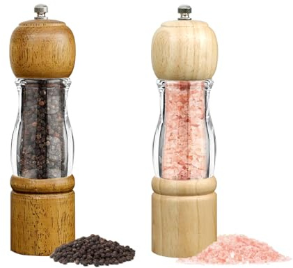 Wellong Wooden Salt and Pepper Grinder Set, 8.5 Inches Salt Grinder with Adjustable Coarseness Pepper Mill, Refillable Manual Salt Grinder, Oak Wood Salt and Pepper Grinder Mill for Kitchen - 2 Pack