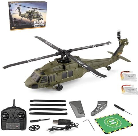 RC Hubschrauber, 1/30 Maßstab Militärhubschrauber, 2.4G 6CH No Aileron Helicopter, Modularer Akku, One-Touch Funktion mit Display Ständer und Landepads Geschenk für Erwachsene Anfänger(2 Battery)