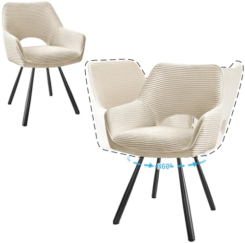 JIJIAN Lot de 2 Chaises de Salle à Manger Pivotantes avec Accoudoirs, Rotation à 360°, Chaises de Cuisine, Chaises Modernes Rembourrées avec Dossier en Tissu, Beige