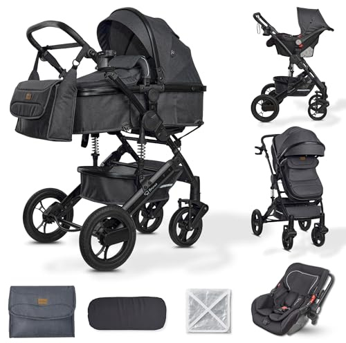 BRONEA EXQUISE 2.0 Kinderwagen 3-in-1 Komplettset Inkl. Auto-Babyschale, Babywanne | Buggy, Zusammenklappbar, Wickeltasche, Regenschutz, Mücken- & Sonnenschutz (Schwarz-Grau)