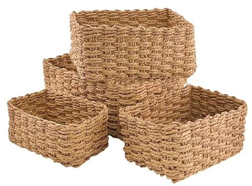 Neuytiky Panier Rangement,4PCS Paniers de Rangement en Tissée en Corde de Papier,Panier de Rangement Empilable, Corbeille Rangement pour Salle de Bain,Cuisine,Organisateur able a Langer Bebe
