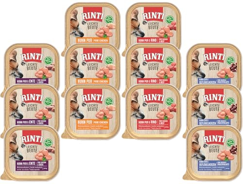 Rinti Leichte Beute Mixpaket | 12 x 300g Schale | 4 Sorten: Huhn, Ente, Geflügelherzen, Rind | Kalorienreduziertes Nassfutter für Hunde | Getreidefrei & fettarm | Leicht verdaulich