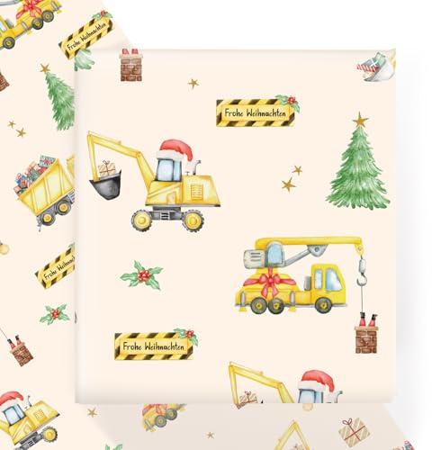 MEJOSER 4 Blatt 50x70cm Geschenkpapier Weihnachten Baustelle Weihnachtsgeschenkpapier Bagger LKW Papier Geschenkverpackung Fahrzeug für Kindergeburtstag Junge Mädchen Frohe Weihnachten Wrapping Paper