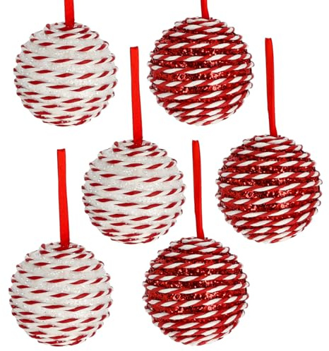 MACOSA CP74656_x6 Christbaumkugeln 6er Rot Weiß Glitzer 8 cm Christbaumschmuck Dekokugeln Hängedekoration Weihnachten Winter Winterdeko Tannenbaumschmuck Christbaum Deko