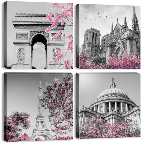 4 Pcs Impression sur Toile Cerisier en Fleurs Roses à Paris. Affiche Botanique en Noir et Blanc avec des Fleurs et des Paysages Naturel, Parfaite pour la Chambre, la Décoration Intérieure 30x30 cm
