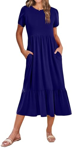 ZEAGOO Robe Été Femme Élégante Manches Courtes Robes Casual Taille Haute Ligne A Robe Longue Robe de plage Décontractée avec Poches