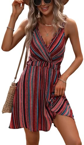 JENJON Mujer Casual Vestidos Sin Manga Cuello en V Elegante Cintura Alta Vestido Corto Línea A