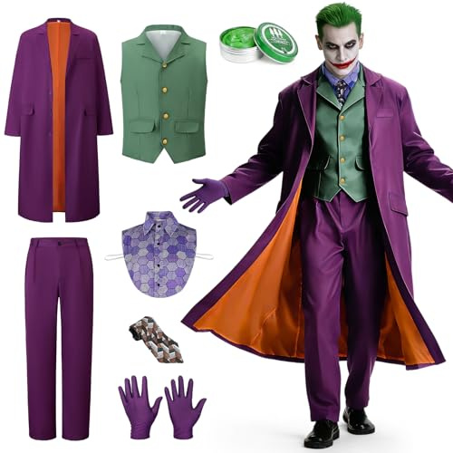 Beeoecm Joker Kostüm Herren, Killer Joker Outfit Herren Horror Clown Kostüm Erwachsener Set mit Lila Mantel, Grüne Weste, Hose, Krawatte, Falschem Hemdkragen und Handschuhen für Halloween (XL)
