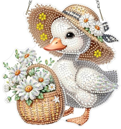 MXJSUA Ducks Daisies Flowers Diamond Painting Art Window Suncatchers, Diamond Art Kits for Adults Hanging Ornaments with Chain, Special Shape Crystal Diamond Pendant Accessories for Decor Gift