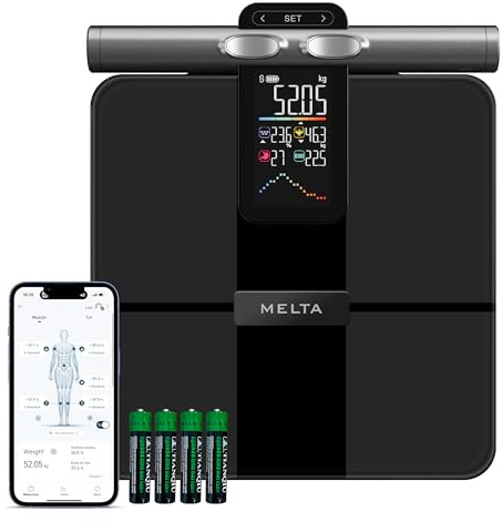 MELTA. Balanza Báscula Persona Conectada Inteligente, Balance Impedancia 8 Electrodos, Análisis Corporal Completo, Pantalla a Color, 58 Medidas, Bluetooth 5.0, Aplicación Fitdays+, 180kg/400lb