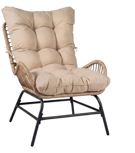 COSTWAY Gartenstuhl Rattan Wetterfest, Gartensessel mit dickem Kissen, Rattansessel XXL, Terrassenstuhl, Rattanstuhl bis 150 kg belastbar, für Garten, Terrasse, Balkon (Khaki)