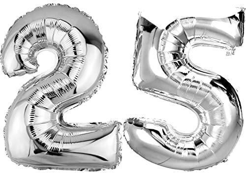 DekoRex® número Globo decoración cumpleaños Brillante para Aire y Helio en argentado 120cm de Alto No. 25