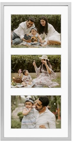 Frametory - 7x14 Aluminum Collage Picture Frame - Display 4x6 Pictures with 3 Openings Mat - Real Glass Front - Horizontal/Vertical Wall Mount - Silver 1 Pack