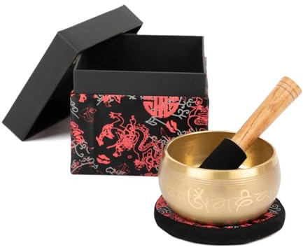 Bodhi Indische Klangschale Ø 11 cm | Klangschalen Set inkl. Kissen, Klöppel & Geschenkbox | Singing Bowl mit Buddha Verzierung | Ideales spirituelles Geschenk | Meditationszubehör aus Messing