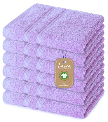 Lavea® 6 Lavette Bagno 30x30 cm in Spugna di Cotone Bio 100% Morbidi e Assorbenti, per Casa Hotel Spa – Ideali anche come Asciugamano Viso e Bidet – Lilla chiaro