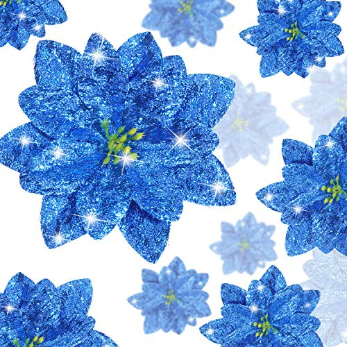 24 Stücke Funkeln Weihnachten Blumen Künstliche Weihnachtsstern Hochzeit Weihnachtsbaum Ornamente, 3/4/ 6 Zoll (Blau)