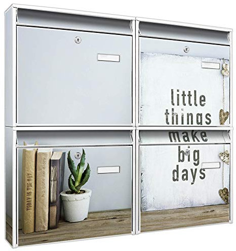 banjado Briefkastenanlage 4 Fach - Postkästen groß - verzinkter Stahl weiß DIN A4 Motiv Little Things - Briefkasten Set 4 Briefkästen Namensschild, 2 Schlüssel, Montagematerial