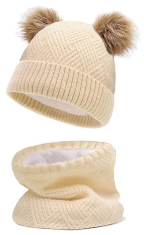JFAN Vintermössa för barn med tofsar för att hålla varma pojkar och flickor, Beige färg, One size