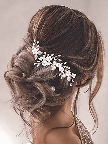 Vakkery Haarspange mit Blumen- und Perlenmotiv für die Hochzeit Haarschmuck für Brautjungfern silberfarbene Haarnadeln für Damen