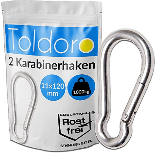 Toldoro 2X Edelstahl Karabiner 11x120mm Rostfrei - NIRO AISI 316 V4A / Karabinerhaken Groß für Slacklines, Segeln, Camping/Feuerwehrkarabiner, Bruchlast 1000kg