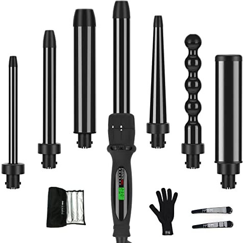 7 In1 Curling Wand Iron Set, PARWIN PRO BEAUTY Hair Curling Wands for Long Short Hair, Hair Curlers Wand with 7 Ceramic Barrels, LCD Display, Heat Resistant Glove, Dual Voltage Good for Travel