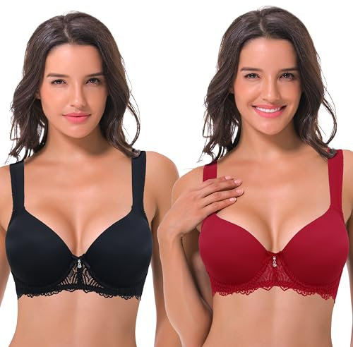 Curve Muse Damen Leicht Gepolstert Bügel Spitze BH mit gepolsterten Schultergurten-Schwarz, Wein-100C-V2