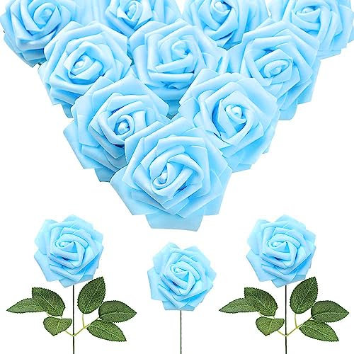 IPOPU 30pcs Baby Blue Roses Foam Flowers Artificial Roses with Stems, Fake Roses with Fake Flowers for DIY Wedding Bouquets Baby Shower Centerpieces Floral Party Home Décor (Light Blue)