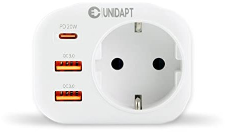 Unidapt 20W USB C Ladegerät | Schnellladefunktion Adapter Steckdose mit 3 USB, 4000W(16A) | Steckdosenleiste, Steckeradapter mit 2 USB-A QC 3.0 und 1 PD USB-C-Anschluss, Weiß