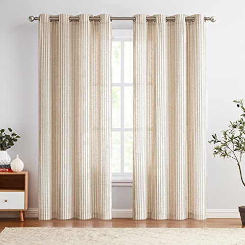 TOPICK Leinen Vorhänge Gestreifte Gardinen mit Ösen Modern Beige Leinenoptik Vorhang Wohnzimmer Privarsphäre Gardine Lichtfilterung Ösenschal mit Streifen Muster 2er Set H245xB130cm Braun auf Beige