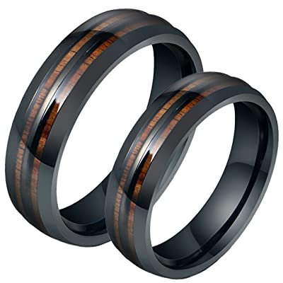 Bishilin Partnerringe Edelstahl mit Gravur, 6MM Schwarz Ringe mit Holz Damen Gr.60 (19.1) + Herren Gr.65 (20.7), Verlobungsringe Paar Ringe für Sie und Ihn