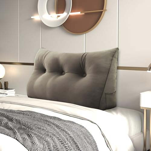 Keilkissen Bett Rückenlehne aus Holland-Samt, Rückenkissen Ergonomisches Dreieckskissen Lesekissen mit Knopfdesign & Seitentaschen, Abnehmbares Kopfteil Polster Wandkissen für Schlafzimmer Sofa