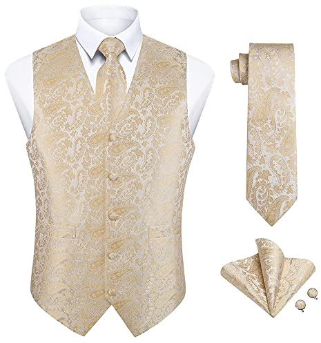Enlision Mens Vests Dress Paisley Suit Vest for Men Formal Silk Necktie Pocket Square Cufflinks Set Wedding Party Tuxedo Dress Waistcoat Champagne Gold