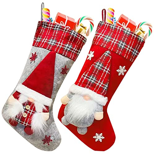 Ecerangus 2 Pack 18 Christmas Stockings,3D Large Gnomes Santa Christmas Stockings Set,Soft Classic Red and Grey Fireplace Hanging for Gifts Family Holiday Xmas Party Decorations