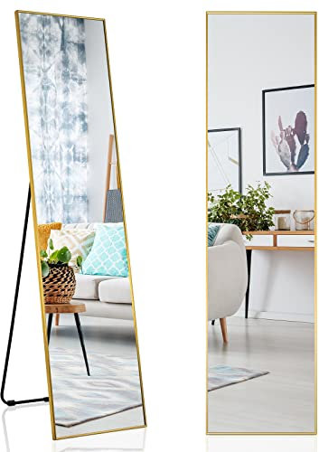 RELAX4LIFE Ganzkörperspiegel 160 x 40 cm, 2-in-1 Standspiegel & Wandspiegel, Ankleidespiegel groß mit Aluminiumrahmen & Hartglas, moderner Spiegel für Wohnzimmer, Schlafzimmer, Garderobe, Golden