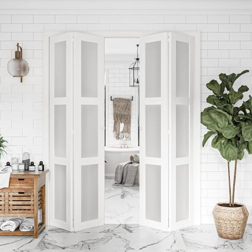 BARNER HOME Bi-Fold Doors, for 60x 80 (Double 30 x 80 Doors) Opening, 3-lite Tempered Frosted Glass Panel, MDF, White Closet Door