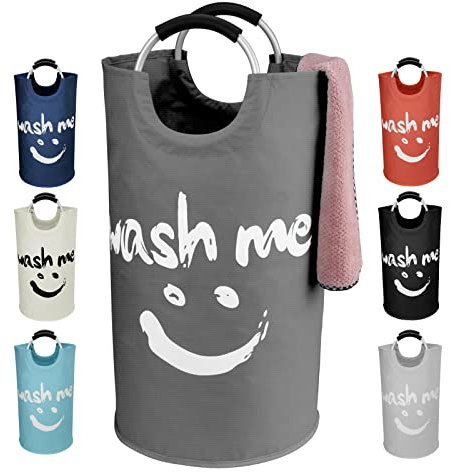 IHOMAGIC Wäschesammler mit Griffen, Freistehend Wäschebehälter, Klappbar Wäschesack mit Smiley-Muster für Schmutzwäsche, Wäschesortierer Aufbewahrungskorb für Wohnzimmer, Wohnungen (115L, Dunkelgrau)