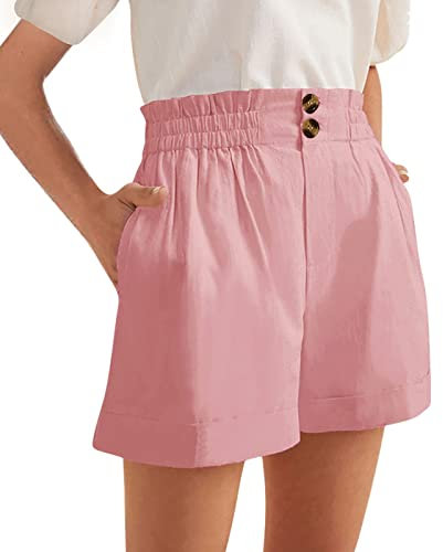 Kurz Hose Damen Sommer Casual Kurze Hosen Tunnelzug Elastische Stoffhose Hotpants Strand Shorts Elegant Einfarbig Shorts mit Taschen Breites Bein lose beiläufige Hosen(F Rosa,L)