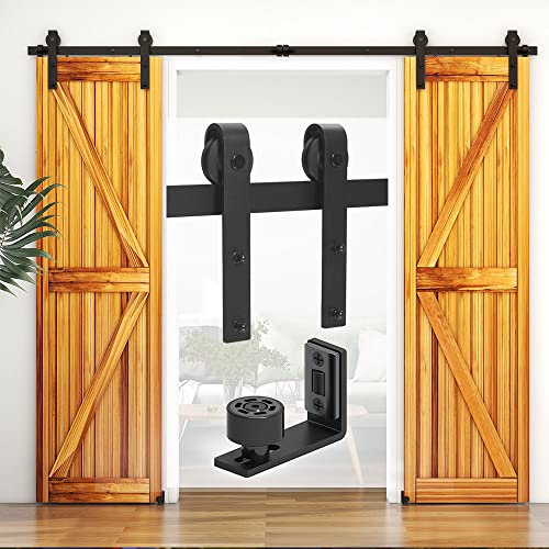 WOLFBIRD 244cm/8ft Schiebetürbeschlag Set Schiebetürsystem mit Bodenführung für Doppeltüren - Türbenutzung | Laufschienen für Schiebetüren - J Shape Aufhänger Set