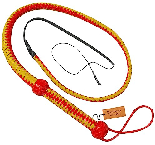 Bantoro Crafts 1,4 m Lange, 12-Fach geflochtene Bullenpeitsche aus echtem Leder mit Ledergürtelhalterung (Rot und Gelb)