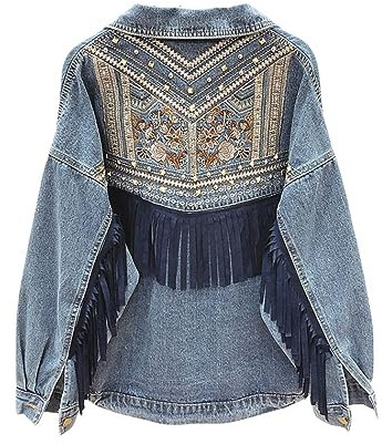 Cazadora Vaquera Mujer,Chaqueta De Mezclilla Con Borlas Boho Para Mujer, Bordado Floral, Gamuza, Flecos, Jeans, Tops, Estiramiento A Medida, Botón De Camionero, Abrigo De Mezclilla, Cárdigan, Chaque