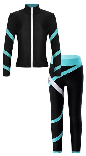 Jowowha Mädchen Trainingsanzug Sport Set Eiskunstlauf Anzug Langarm Sweatjacke + Hose Sport Leggings Yoga Gymnastik Turnen Eislaufen Tanzkleidung Blau Grün 146-152